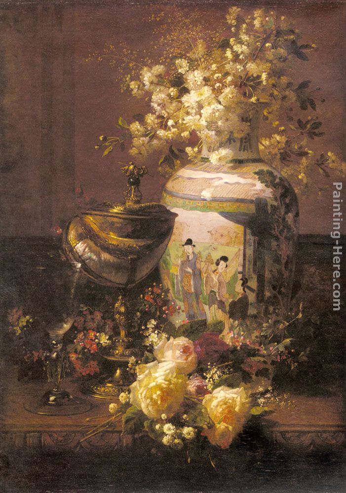Jean-Baptiste Robie Still Life With Japanese Vase And Flowers
